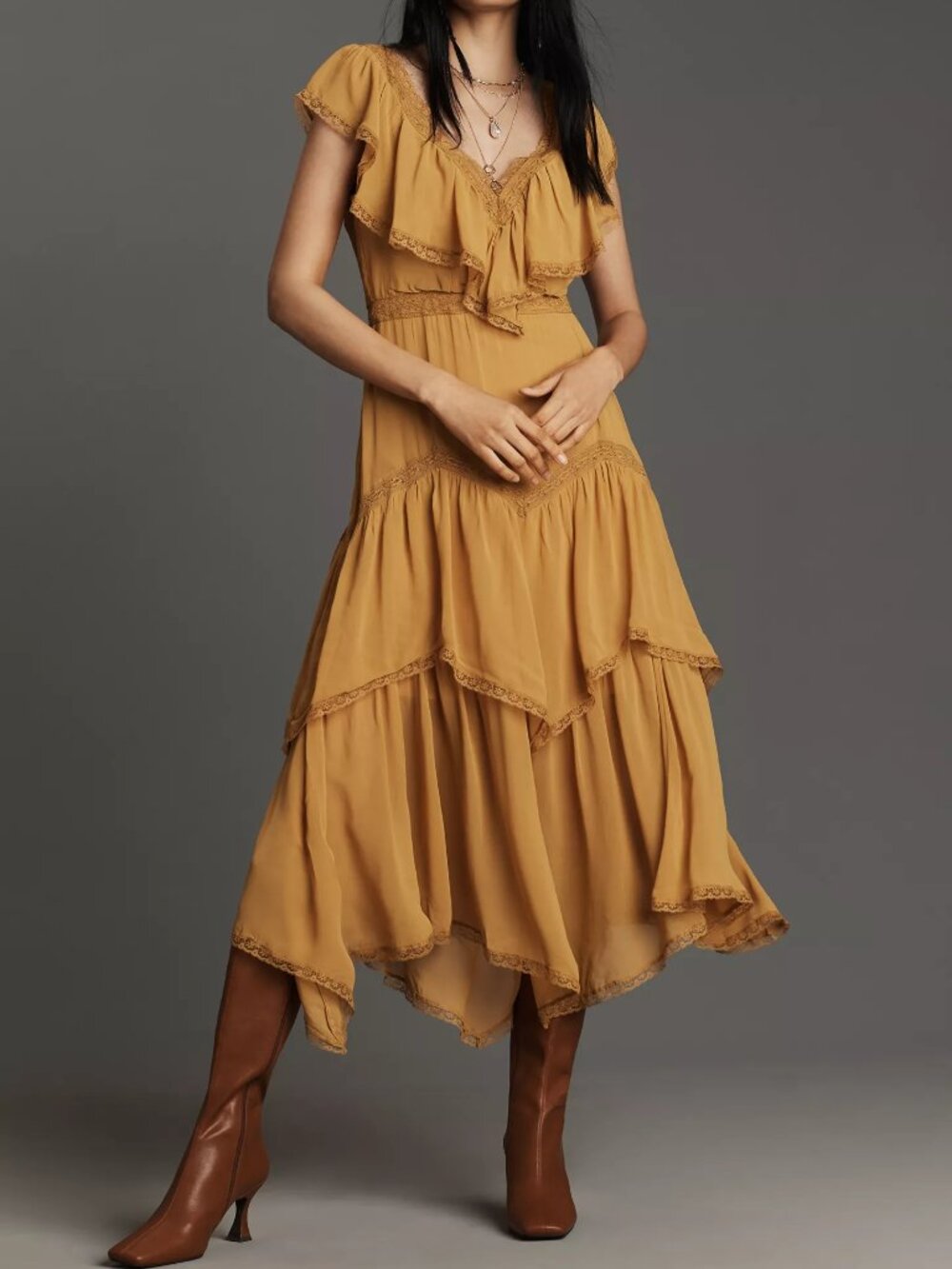 NWT By Anthropologie Short Sleeve V Neck Ruffle Midi Dress S Mustard Yellow